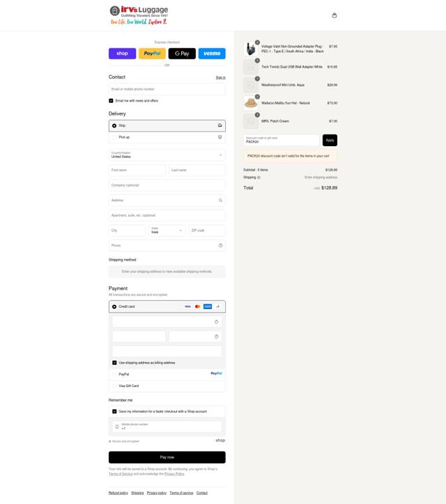 Irv's Luggage checkout page showing Irv's Luggage promo code box | Screenshot taken by SimplyCodes community member on Sep 16, 2025