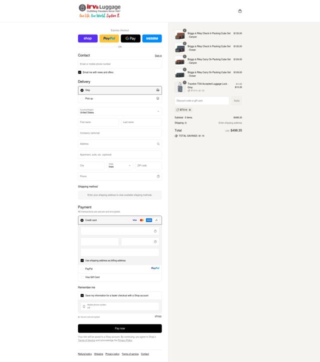 Irv's Luggage checkout page showing Irv's Luggage promo code box | Screenshot taken by SimplyCodes community member on Sep 11, 2025