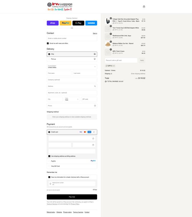 Irv's Luggage checkout page showing Irv's Luggage promo code box | Screenshot taken by SimplyCodes community member on Sep 16, 2025