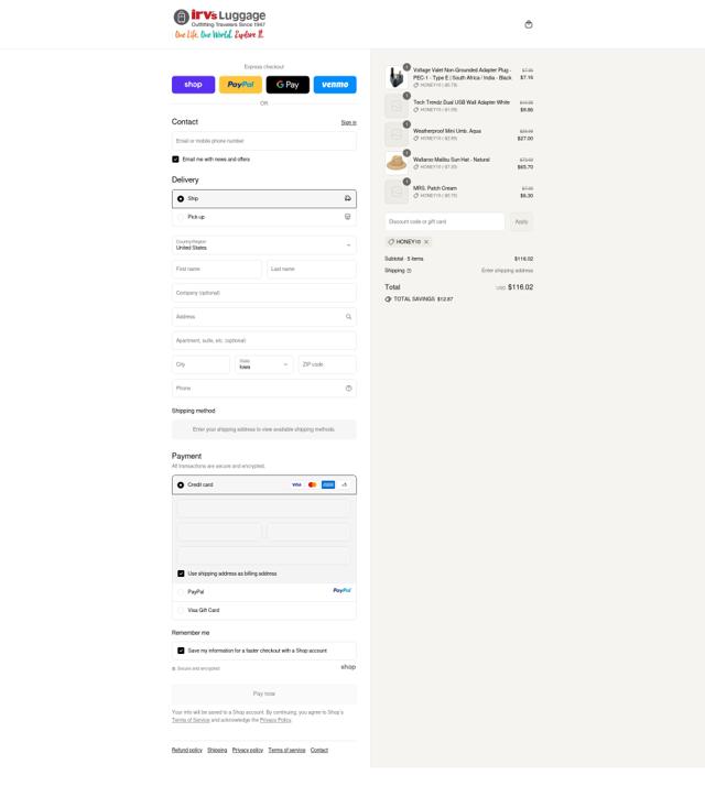 Irv's Luggage checkout page showing Irv's Luggage promo code box | Screenshot taken by SimplyCodes community member on Sep 16, 2025