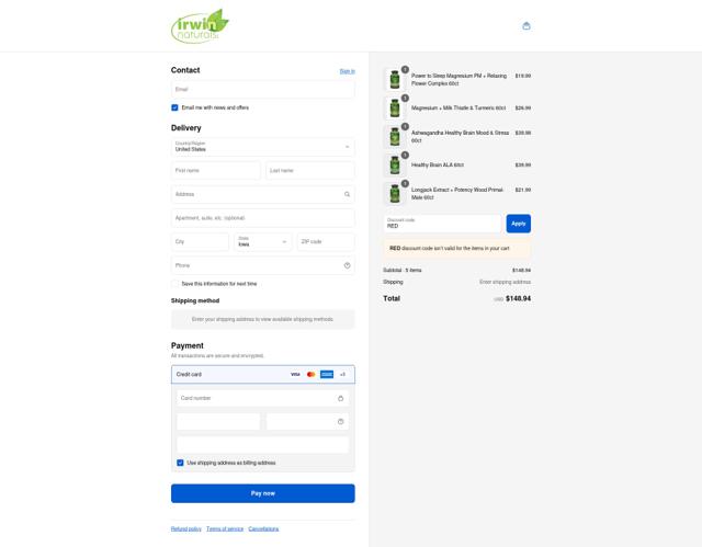 Irwin Naturals checkout page showing Irwin Naturals discount code box | Screenshot taken by SimplyCodes community member on Sep 12, 2025
