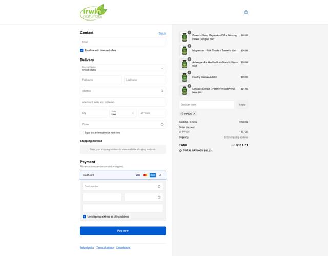 Irwin Naturals checkout page showing Irwin Naturals discount code box | Screenshot taken by SimplyCodes community member on Sep 12, 2025