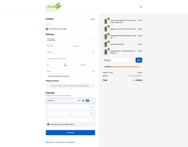 Irwin Naturals checkout page showing Irwin Naturals discount code box | Screenshot taken by SimplyCodes community member on Sep 12, 2025