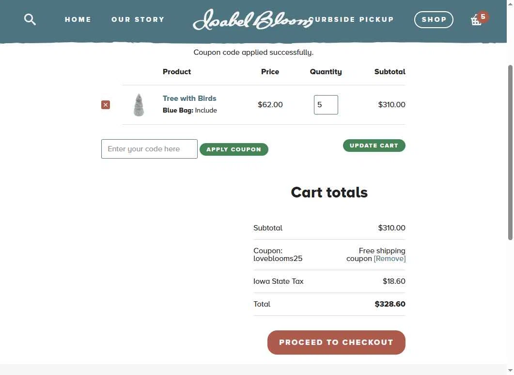 Isabel Bloom checkout page showing Isabel Bloom coupon code box | Screenshot taken by SimplyCodes community member on Nov 7, 2025