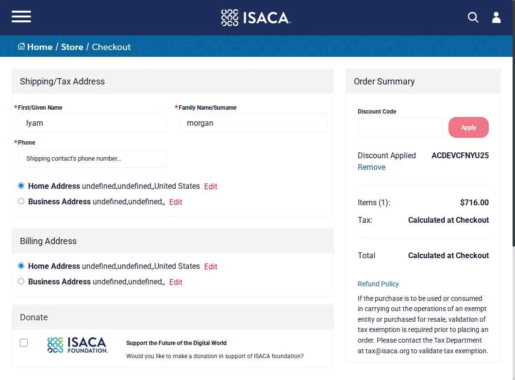 ISACA checkout page showing ISACA discount code box | Screenshot taken by SimplyCodes community member on Nov 4, 2025