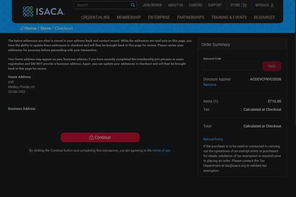 ISACA checkout page showing ISACA discount code box | Screenshot taken by SimplyCodes community member on Feb 8, 2026