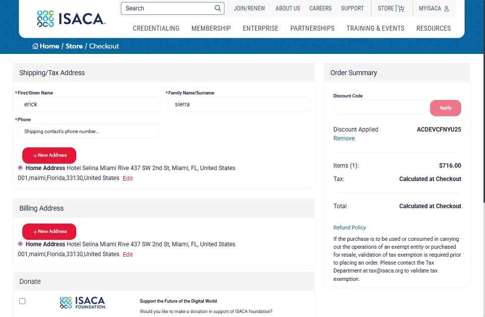 ISACA checkout page showing ISACA discount code box | Screenshot taken by SimplyCodes community member on Jan 4, 2026