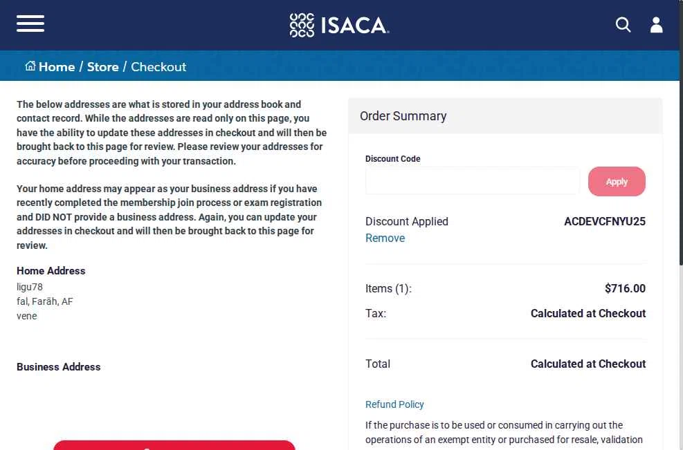 ISACA checkout page showing ISACA discount code box | Screenshot taken by SimplyCodes community member on Nov 4, 2025