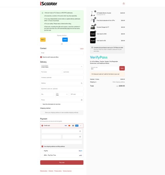 iScooter checkout page showing iScooter discount code box | Screenshot taken by SimplyCodes community member on Sep 7, 2025
