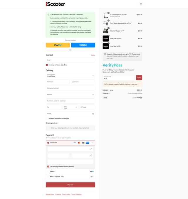 iScooter checkout page showing iScooter discount code box | Screenshot taken by SimplyCodes community member on Sep 7, 2025