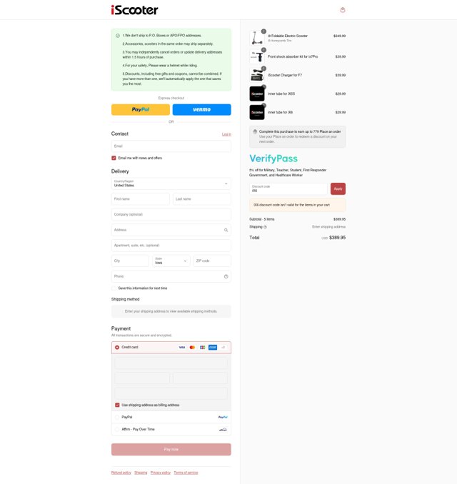 iScooter checkout page showing iScooter discount code box | Screenshot taken by SimplyCodes community member on Sep 7, 2025
