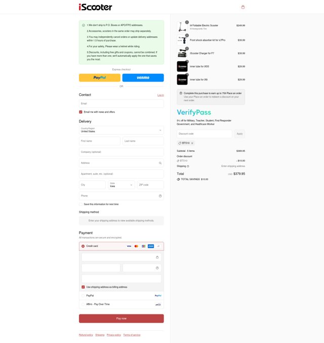 iScooter checkout page showing iScooter discount code box | Screenshot taken by SimplyCodes community member on Sep 7, 2025