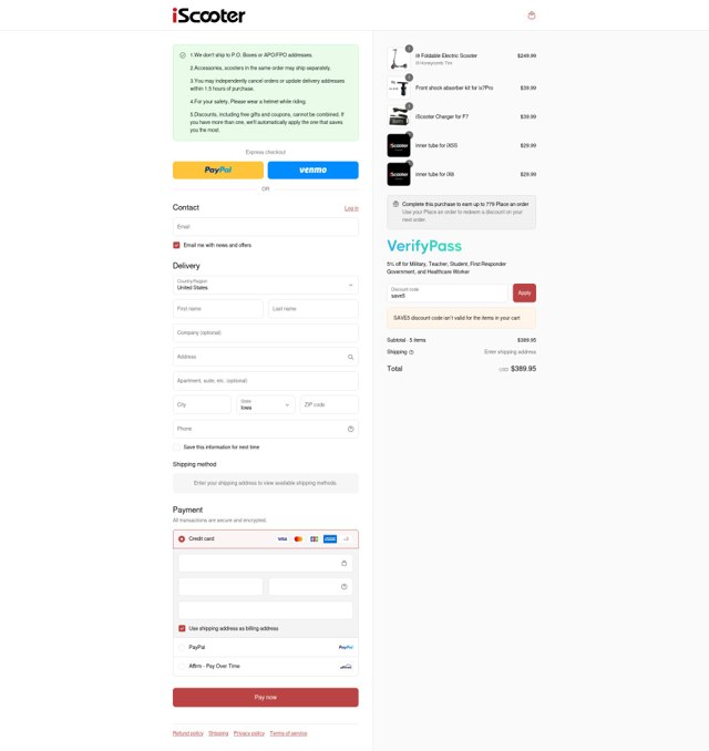 iScooter checkout page showing iScooter discount code box | Screenshot taken by SimplyCodes community member on Sep 7, 2025