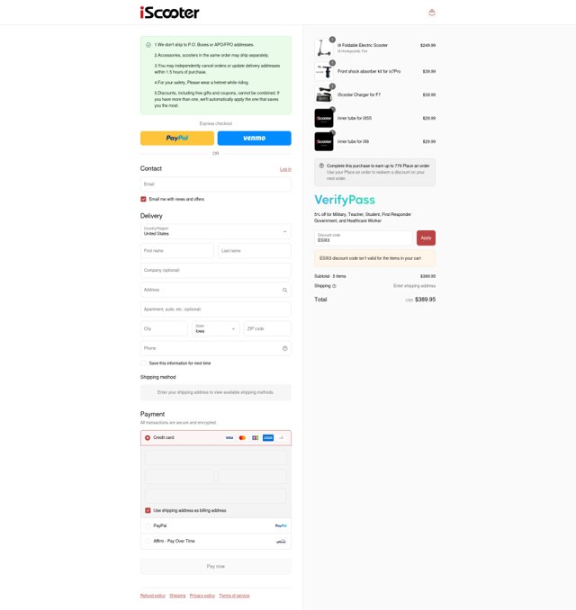 iScooter checkout page showing iScooter discount code box | Screenshot taken by SimplyCodes community member on Sep 7, 2025
