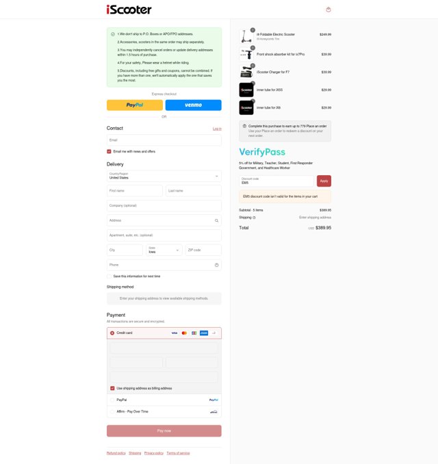 iScooter checkout page showing iScooter discount code box | Screenshot taken by SimplyCodes community member on Sep 7, 2025