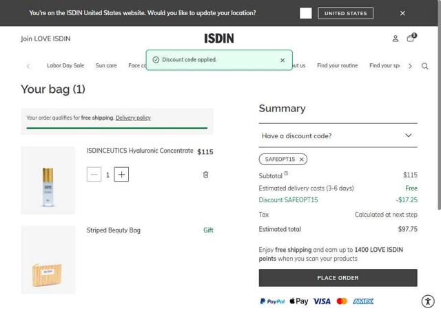 ISDIN checkout page showing ISDIN discount code box | Screenshot taken by SimplyCodes community member on Aug 29, 2025
