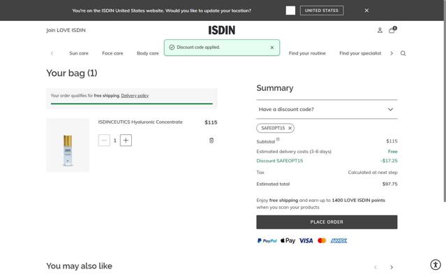 ISDIN checkout page showing ISDIN discount code box | Screenshot taken by SimplyCodes community member on Sep 4, 2025