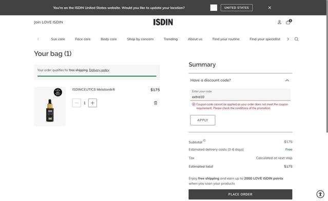 ISDIN checkout page showing ISDIN discount code box | Screenshot taken by SimplyCodes community member on Aug 22, 2025