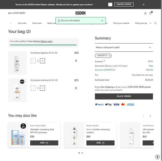 ISDIN checkout page showing ISDIN discount code box | Screenshot taken by SimplyCodes community member on Aug 17, 2025