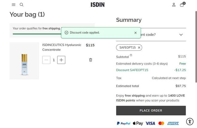 ISDIN checkout page showing ISDIN discount code box | Screenshot taken by SimplyCodes community member on Sep 10, 2025