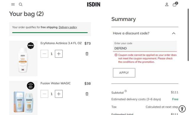ISDIN checkout page showing ISDIN discount code box | Screenshot taken by SimplyCodes community member on Sep 5, 2025