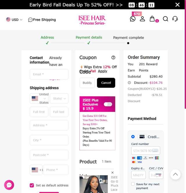 Isee Hair checkout page showing Isee Hair coupon code box | Screenshot taken by SimplyCodes community member on Sep 4, 2025