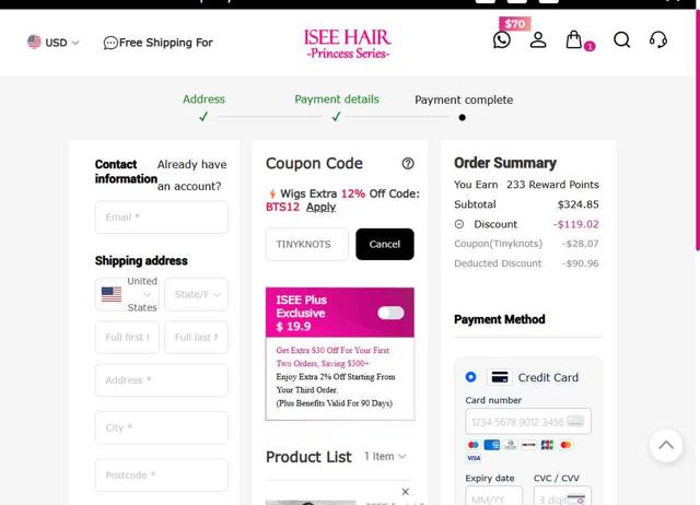 Isee Hair checkout page showing Isee Hair coupon code box | Screenshot taken by SimplyCodes community member on Jul 31, 2025