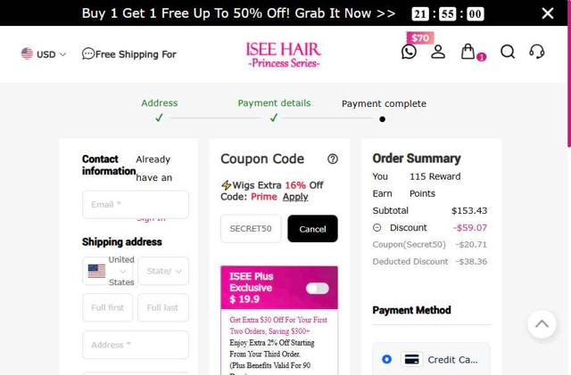 Isee Hair checkout page showing Isee Hair coupon code box | Screenshot taken by SimplyCodes community member on Jul 8, 2025