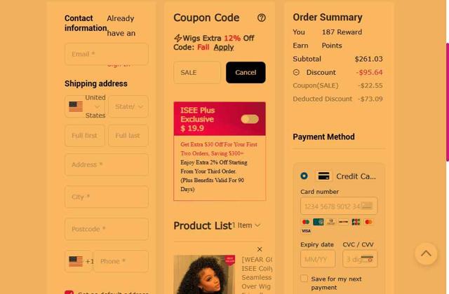 Isee Hair checkout page showing Isee Hair coupon code box | Screenshot taken by SimplyCodes community member on Sep 4, 2025