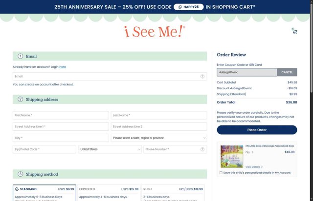 ISeeMe checkout page showing ISeeMe discount code box | Screenshot taken by SimplyCodes community member on Aug 28, 2025