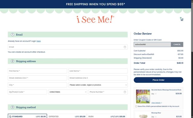 ISeeMe checkout page showing ISeeMe discount code box | Screenshot taken by SimplyCodes community member on Aug 29, 2025