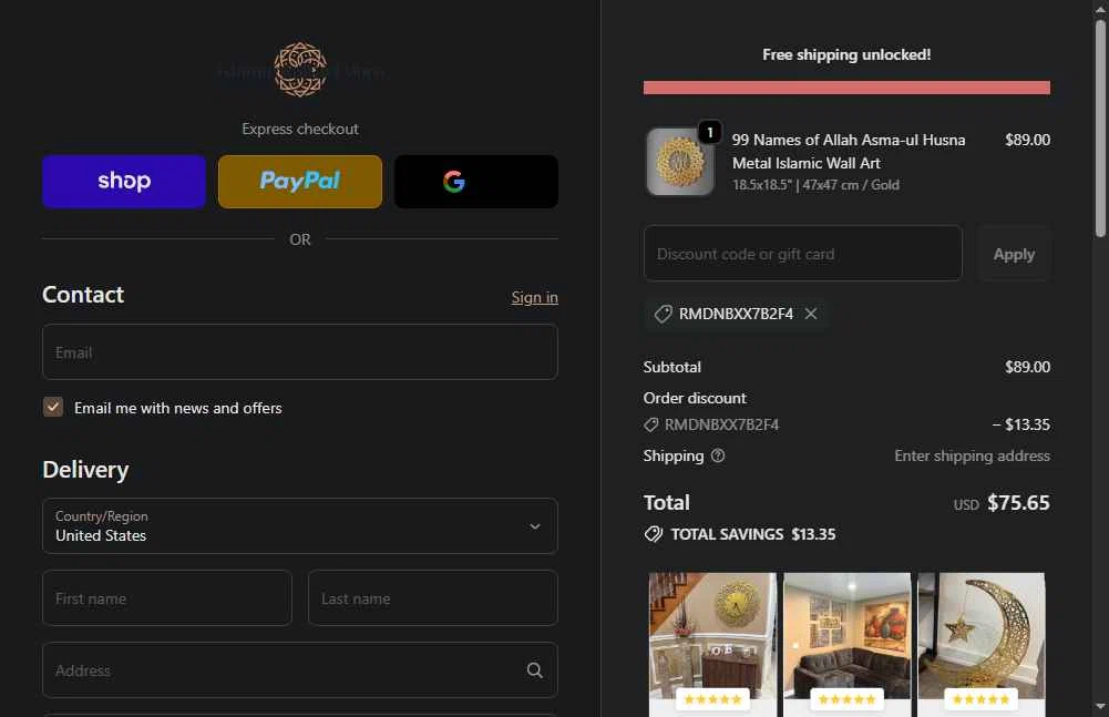 Islamic Wall Art checkout page showing Islamic Wall Art discount code box | Screenshot taken by SimplyCodes community member on Jan 31, 2026