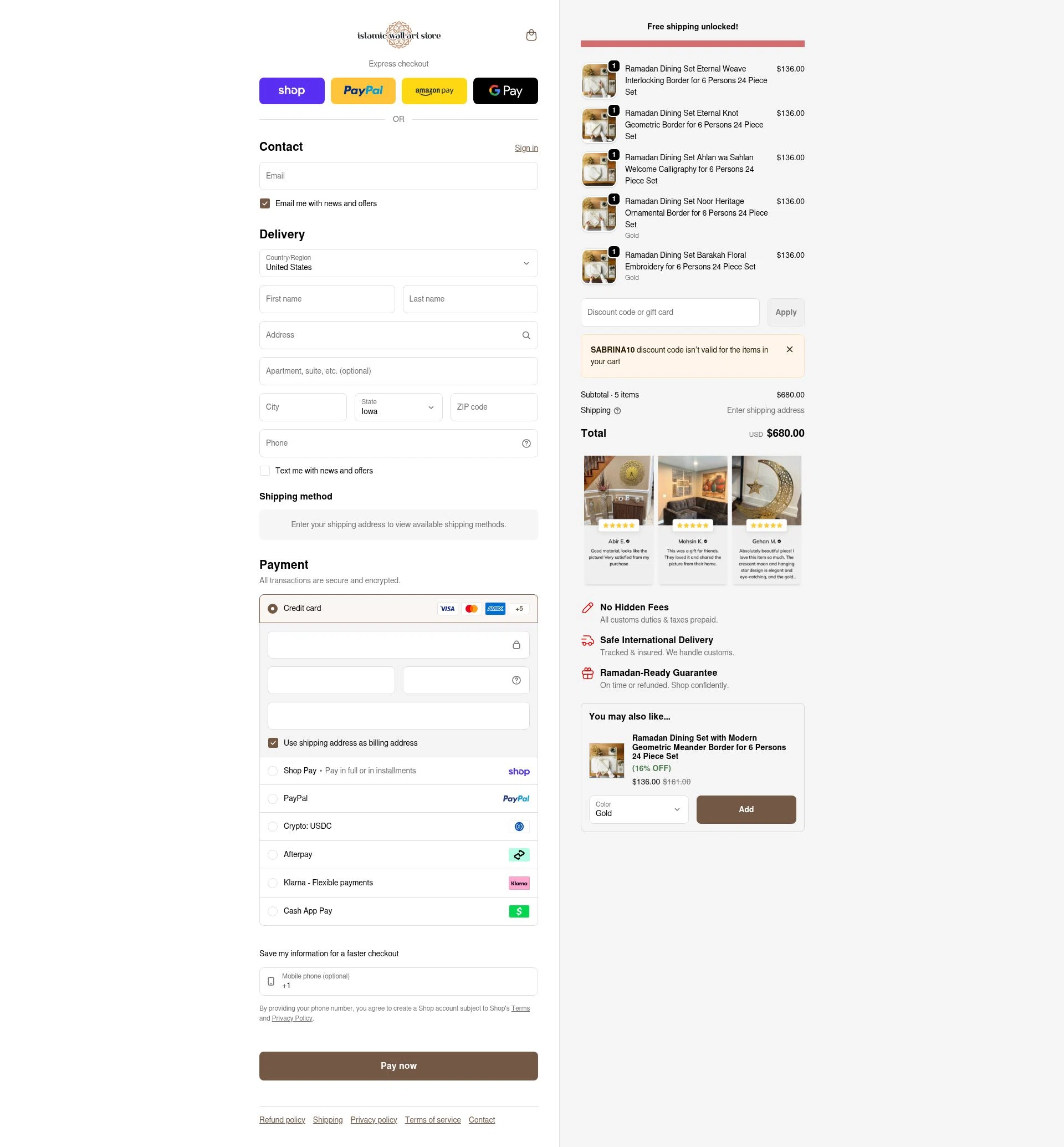 Islamic Wall Art checkout page showing Islamic Wall Art discount code box | Screenshot taken by SimplyCodes community member on Feb 5, 2026