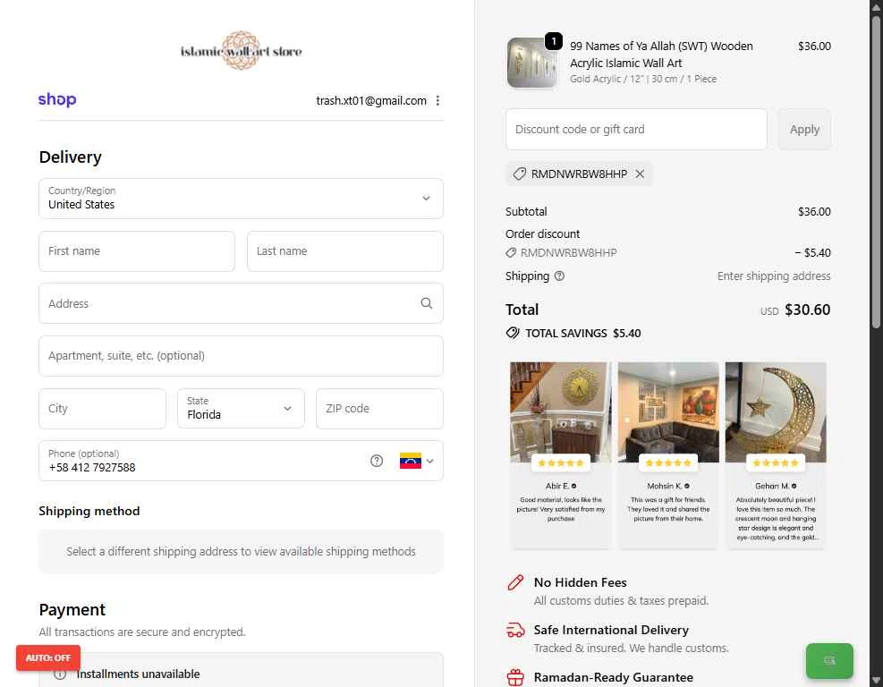Islamic Wall Art checkout page showing Islamic Wall Art discount code box | Screenshot taken by SimplyCodes community member on Jan 30, 2026