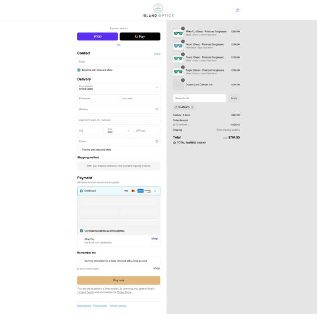 Island Optics checkout page showing Island Optics discount code box | Screenshot taken by SimplyCodes community member on Sep 7, 2025
