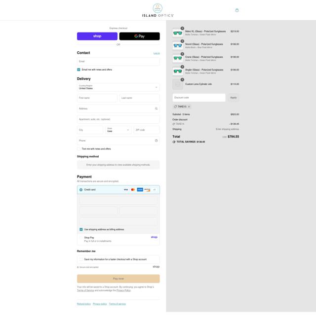 Island Optics checkout page showing Island Optics discount code box | Screenshot taken by SimplyCodes community member on Sep 7, 2025