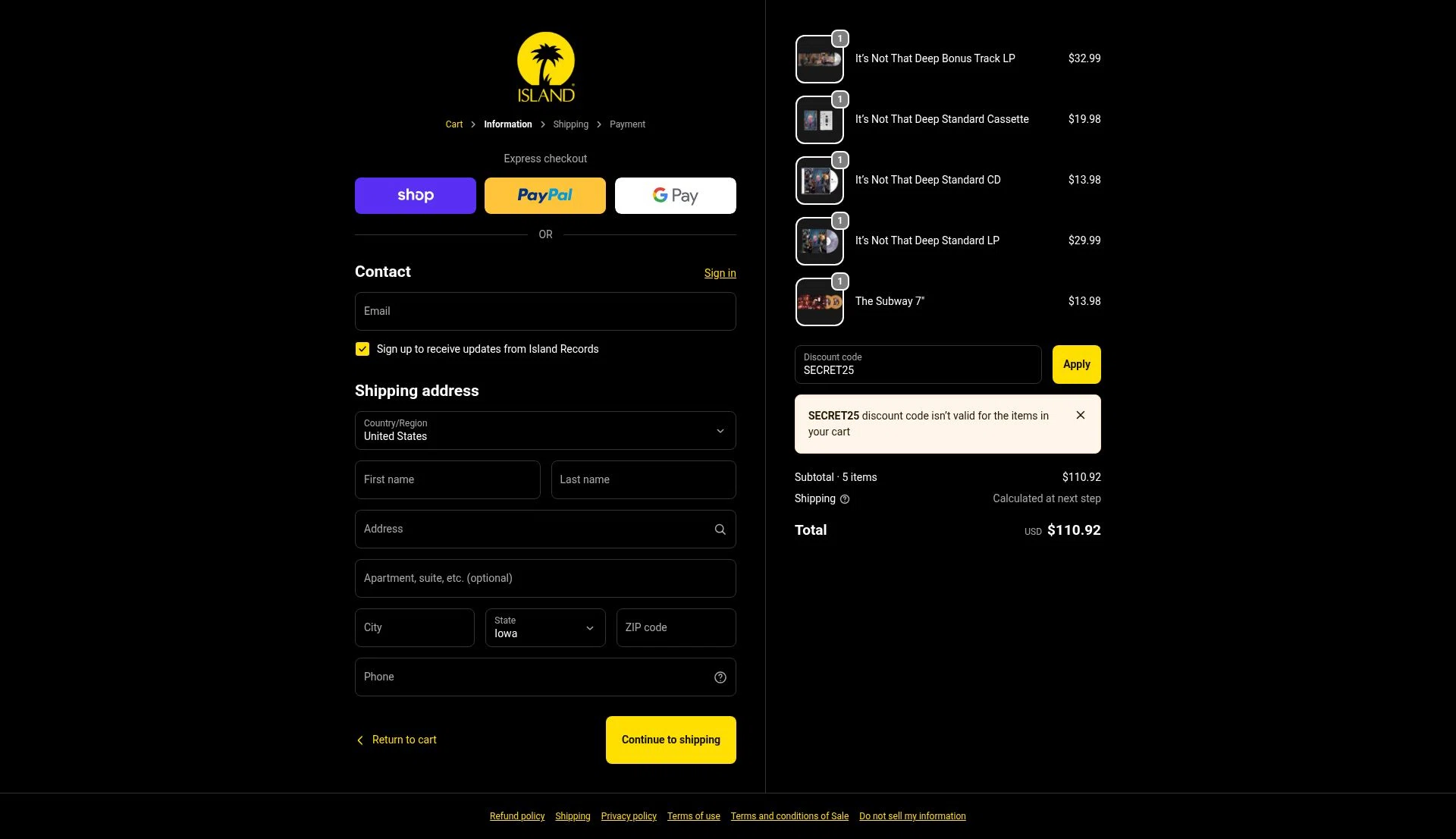 Island Records checkout page showing Island Records discount code box | Screenshot taken by SimplyCodes community member on Nov 13, 2025