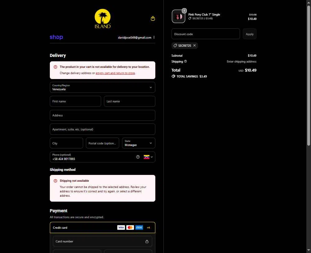 Island Records checkout page showing Island Records discount code box | Screenshot taken by SimplyCodes community member on Nov 12, 2025