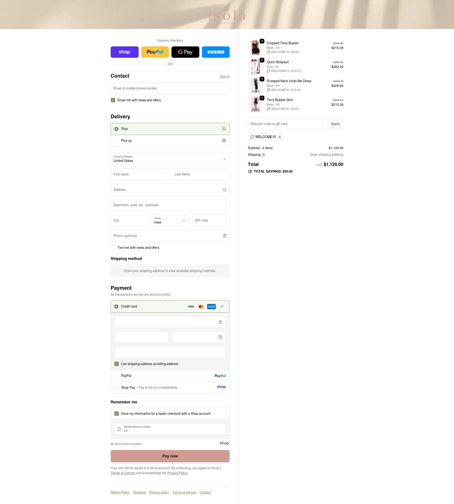Isola Boutique checkout page showing Isola Boutique promo code box | Screenshot taken by SimplyCodes community member on Nov 27, 2025