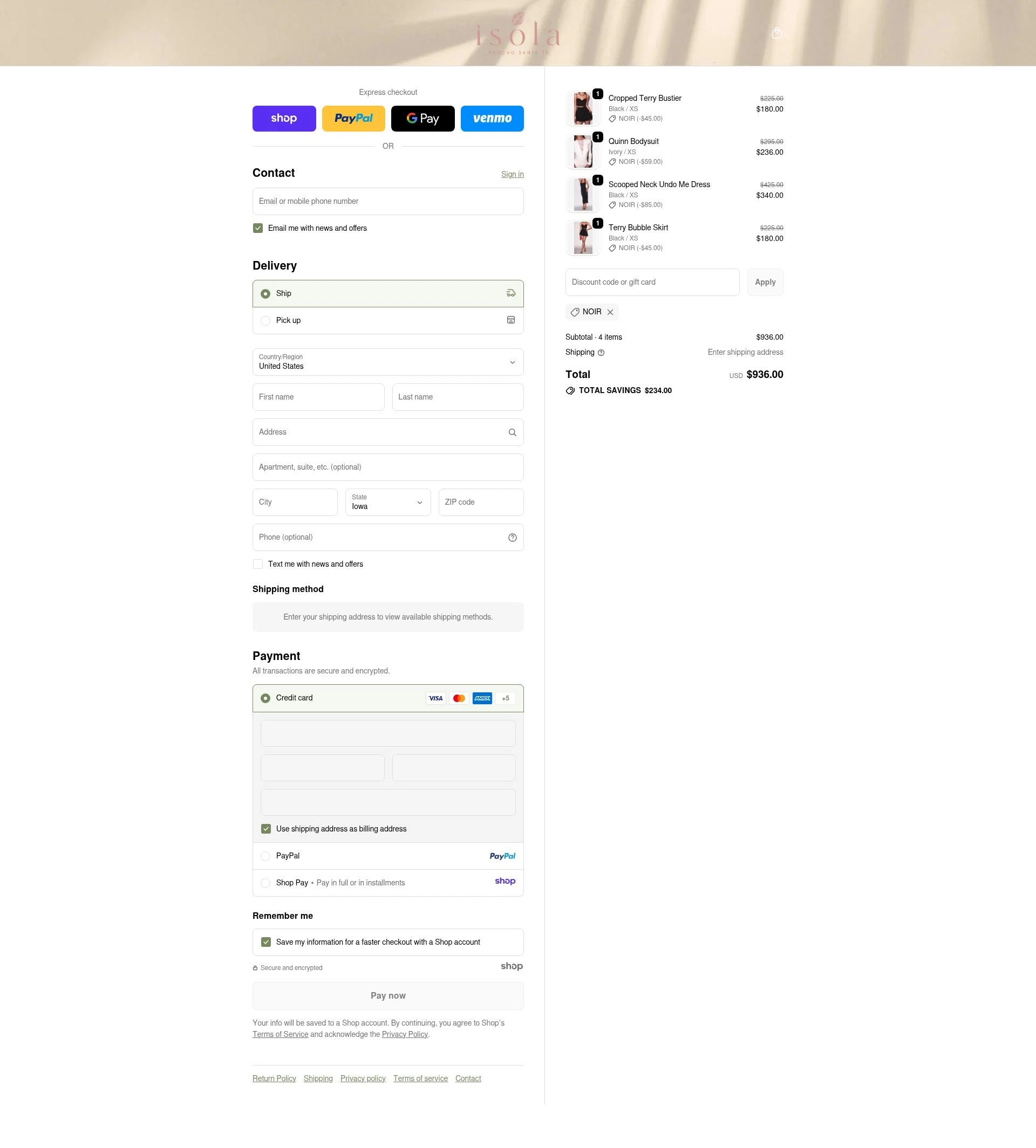 Isola Boutique checkout page showing Isola Boutique promo code box | Screenshot taken by SimplyCodes community member on Nov 27, 2025