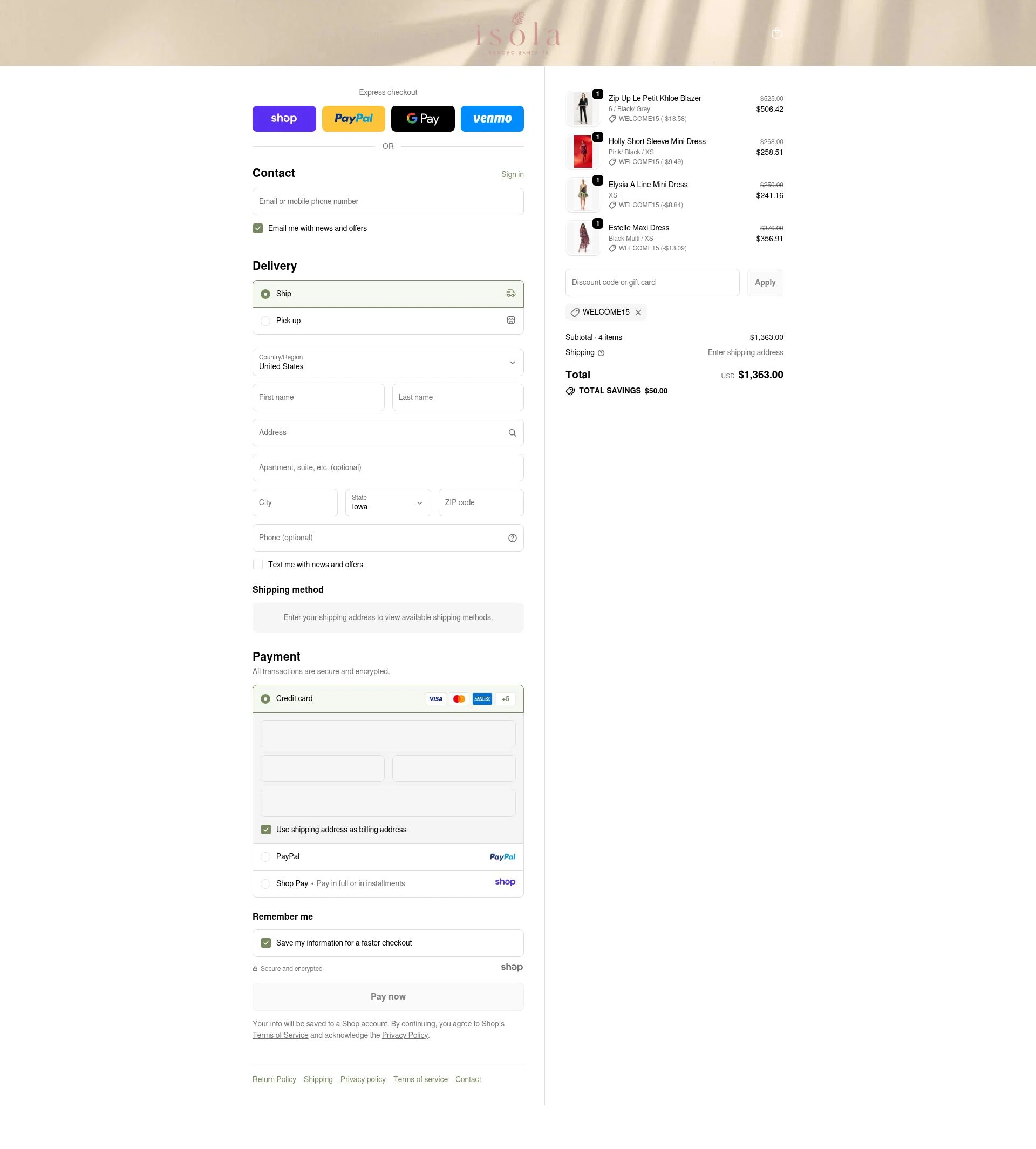 Isola Boutique checkout page showing Isola Boutique promo code box | Screenshot taken by SimplyCodes community member on Dec 13, 2025