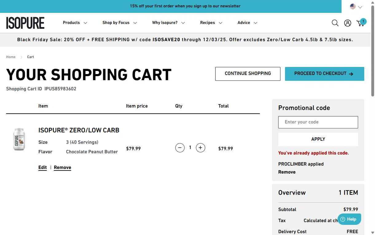 Isopure checkout page showing Isopure coupon code box | Screenshot taken by SimplyCodes community member on Nov 28, 2025