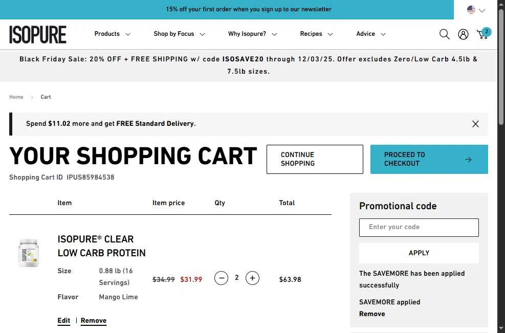 Isopure checkout page showing Isopure coupon code box | Screenshot taken by SimplyCodes community member on Nov 28, 2025