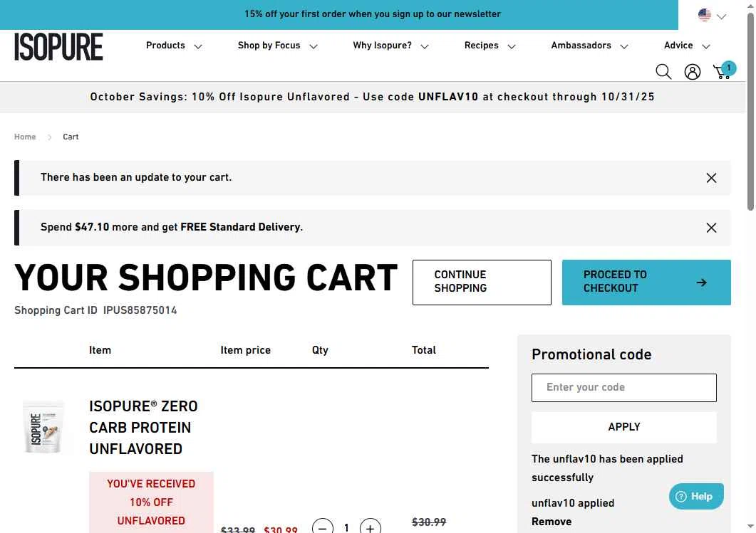 Isopure checkout page showing Isopure coupon code box | Screenshot taken by SimplyCodes community member on Oct 14, 2025