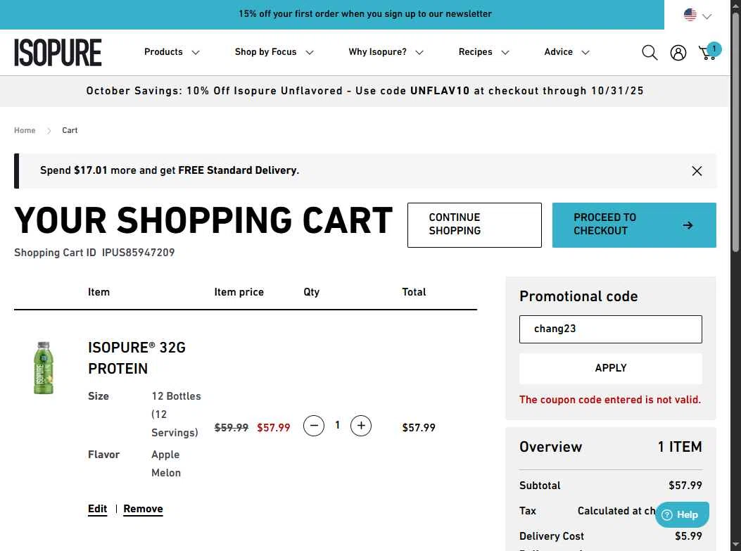 Isopure checkout page showing Isopure coupon code box | Screenshot taken by SimplyCodes community member on Oct 31, 2025