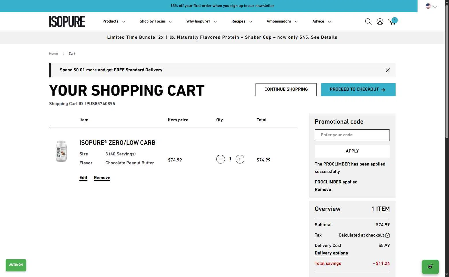 Isopure checkout page showing Isopure coupon code box | Screenshot taken by SimplyCodes community member on Sep 19, 2025