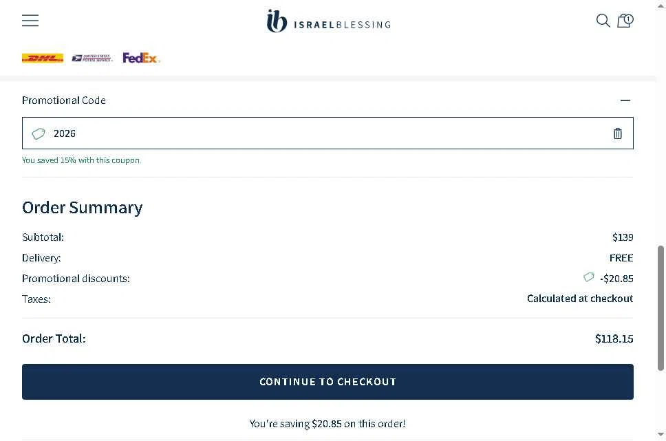 Israel Blessing checkout page showing Israel Blessing promo code box | Screenshot taken by SimplyCodes community member on Dec 31, 2025