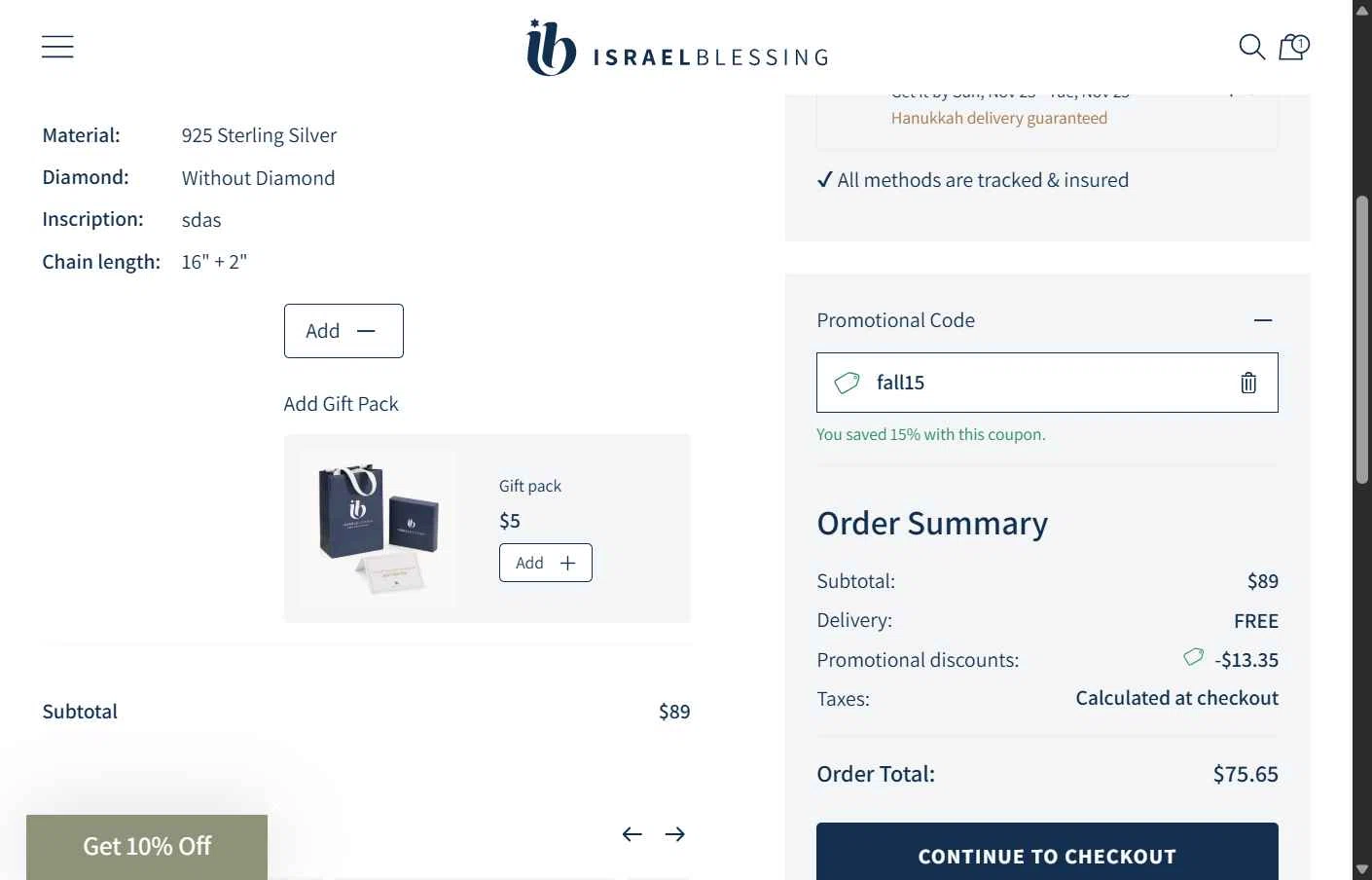 Israel Blessing checkout page showing Israel Blessing promo code box | Screenshot taken by SimplyCodes community member on Nov 18, 2025