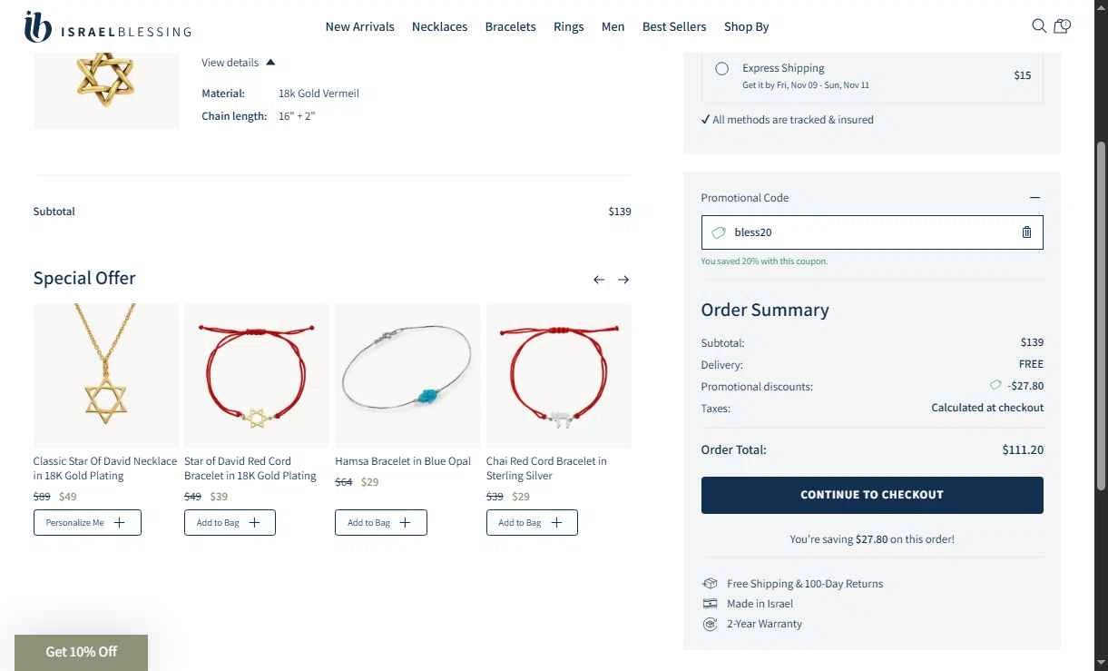 Israel Blessing checkout page showing Israel Blessing promo code box | Screenshot taken by SimplyCodes community member on Nov 3, 2025