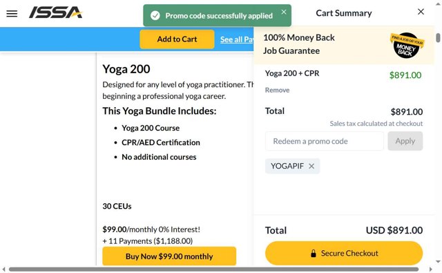 ISSA checkout page showing ISSA promo code box | Screenshot taken by SimplyCodes community member on Aug 29, 2025